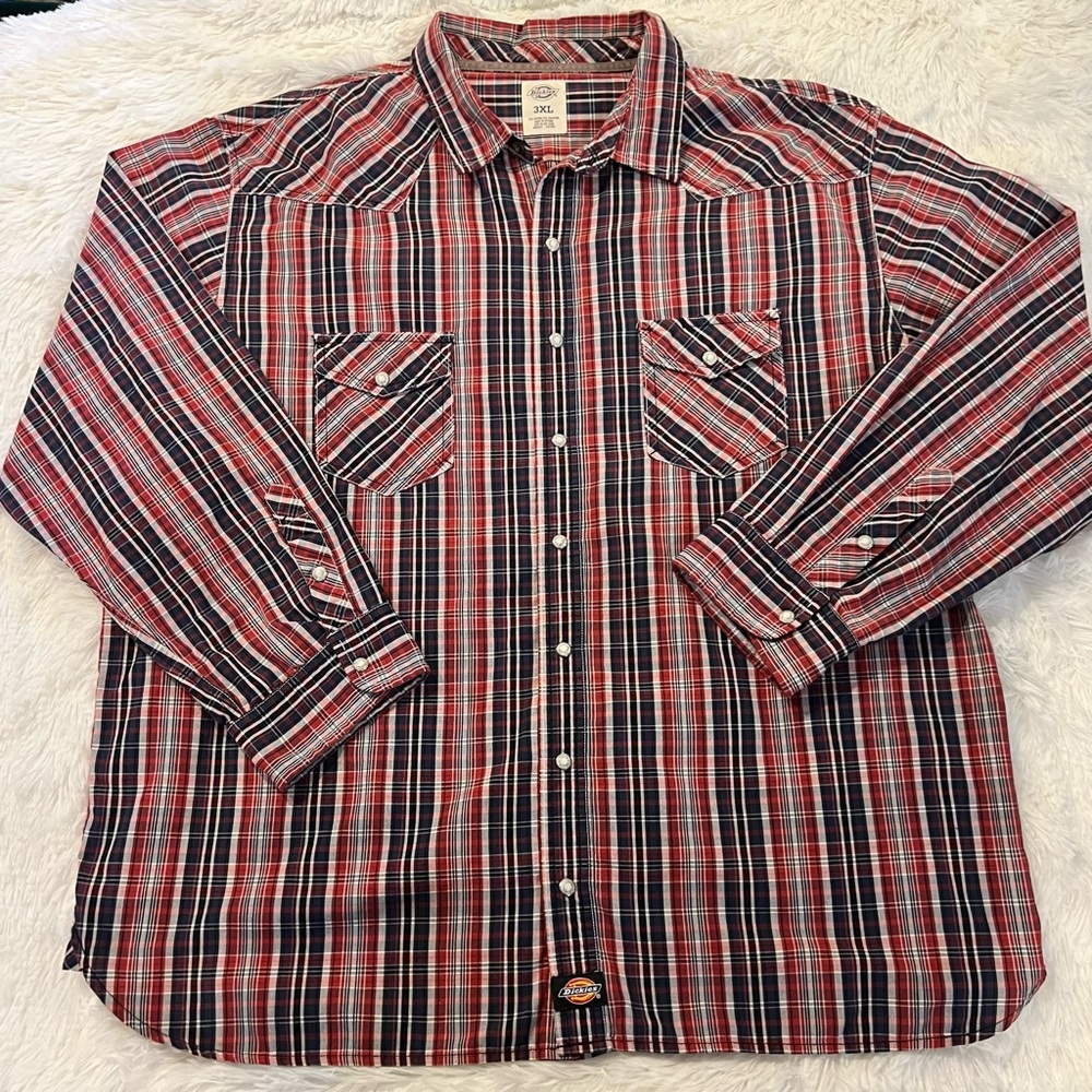 Authentic Dickies Casual Long Sleeve Button Down Plaid Shirt Cotton Poly Blend